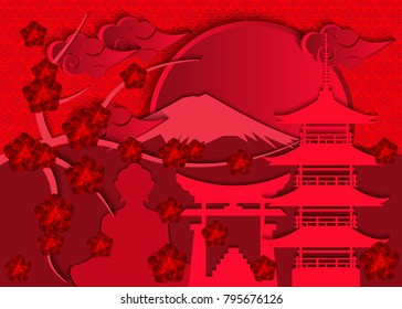 Branches of cherry blossoms and symbols of Japanese culture in the background of Mount Fuji for a Japanese New Year greeting card, banner, wallpaper, cover or poster. Vector illustration.