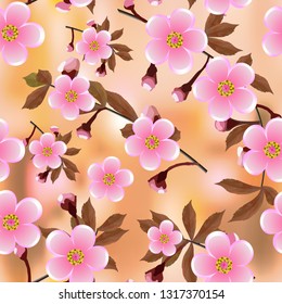 The branches of cherry flower pattern on brown abstract background. Sakura flowers seamless texture. Vector