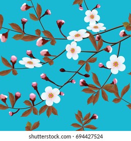 The branches of cherry flower pattern on a blue background. Sakura flowers seamless texture. Vector