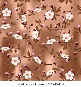 The branches of cherry flower pattern on brown abstract background. Sakura flowers seamless texture. Vector
