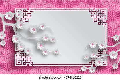 Branches Of Cherry Flowers, Oriental Frame On Pink Japan Pattern Background For Chinese New Year Greeting Card, Banner, Wallpaper Or Poster, Paper Cut Out Style. Vector Illustration