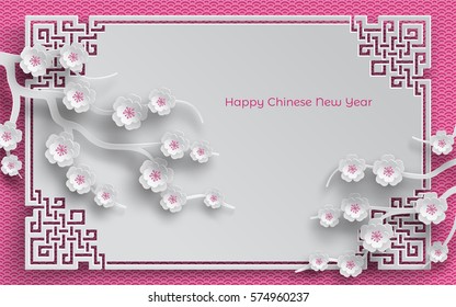 branches of cherry paper flowers, oriental frame on pink pattern background for chinese new year greeting card, paper cut out style. Vector illustration