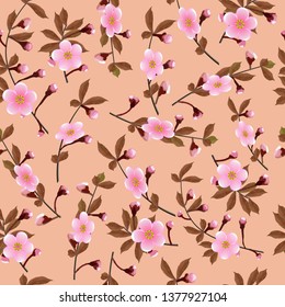The branches of cherry pink flower pattern on light brown background. Sakura flowers seamless texture. Vector
