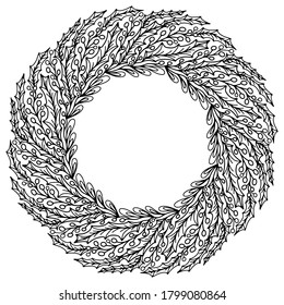 branches with christmas leaves forming a wreath drawn on a white background for coloring, vector
