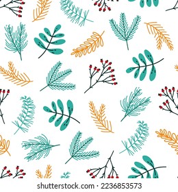 Branches of Christmas plants seamless vector pattern. Twigs of coniferous trees - pine, fir, spruce. Rosehip with berries, mistletoe with leaves. Holiday herbs. Flat background for cards, fabrics, web