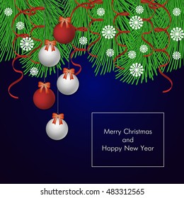 branches of the Christmas tree, balloons, streamers, snowflakes on a dark blue background. Christmas vector background