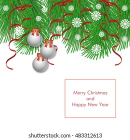 branches of the Christmas tree, balloons, streamers, snowflakes on a white background. Christmas vector background