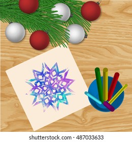 branches of the Christmas tree, balloons, streamers, snowflakes on a wooden background. Christmas vector background