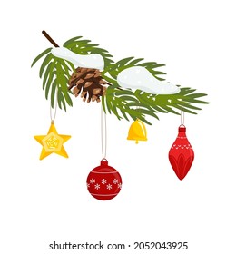 Ramas de un árbol de Navidad con conos y campanas de Año Nuevo. Elementos para el diseño. Ilustración vectorial en estilo plano. Adecuado para afiches, banners, tarjetas, invitaciones.