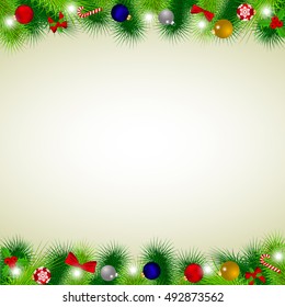 Branches of Christmas tree decorated with balloons, ribbons, candy, toys and holly. Christmas card, vector illustration