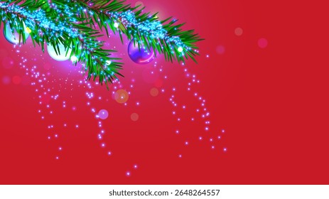 Branches of a Christmas tree decorated with Christmas balls stick out from the corner of a New Year red background for a Christmas card. Snowflakes falling from the Christmas tree in close-up.