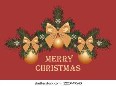Branches of a Christmas tree decorated with Christmas decorations on a red background.