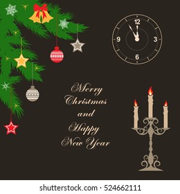 The branches of Christmas tree, decorated with festive baubles and snowflakes on dark background. Christmas greeting card, background, banner, poster, invitation card, wallpaper. Flat design style.