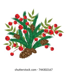 branches of Christmas tree, fir cones, red holly berry - isolated on white - vector art illustration