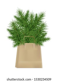 Branches of Christmas tree in the kraft paper package isolated on a white background. Plastic free concept. Zero waste. Minimalist Christmas icon.Vector.