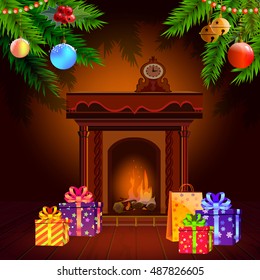 Branches of the Christmas tree over the fireplace. Christmas greeting card or poster. Vector illustration.