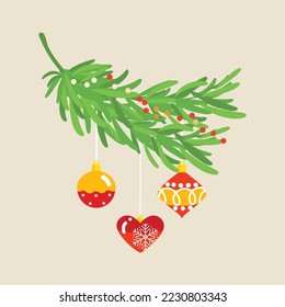 Branches of a Christmas tree with toys and garland. Holiday Elements Vector illustration flat style. Suitable for posters, banners, cards, invitations