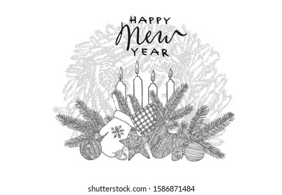 Branches of Christmas trees and Candle. New year and Christmas design elements. Greeting card invitation with xmas graphic. Vintage illustration.