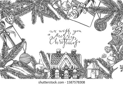 Branches of Christmas trees and Christmas tree toys. New year and Christmas design elements. Greeting card invitation with xmas graphic. Vintage illustration.