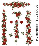 Branches climbing scarlet rose flower with leaves and buds. Elements can be used as a Art Brush to create of any curled form. To decorate the balcony facades, fence, wall and gift or wedding card.