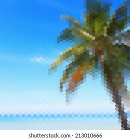 The branches of coconut palms against the clear blue sky and turquoise sea. Beautiful tropical landscape. Vector triangle pattern.