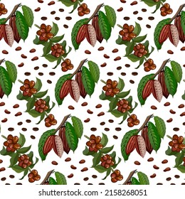 Branches of coffee and cocoa in a pattern.Vector color pattern with branches of coffee and cocoa on a transparent background.