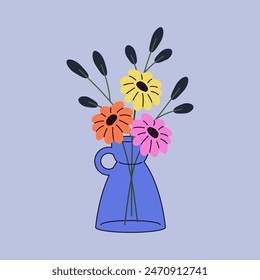 Zweige der farbigen Gerbera in moderner transparenter Vase. Blumen in Glaskrug schneiden, Krug. Blütenpflanze für Blumendekor, Innendekoration in minimalem Stil. Flache isolierte Vektorillustration