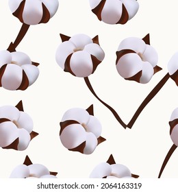 Branches Cotton seamless patterns. Soft cotton on white background. Endless texture for your design. Vector illustration
