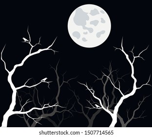 Branches, crows and Moon on a black background. Halloween scary illustration. Vector.