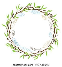 Branches, feathers and Frame. Colorful Hand drawn Isolated wreath with place for date, photo, text. Sublimation print for greeting card, banner, invitation, holiday decor, label.