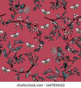 Branches of flowering trees vector illustration. Seamless pattern with bees, twigs, leaves and flowers on a red background.