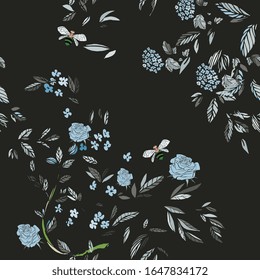 Zweige blühender Bäume Vektorillustration Illustration. Nahtloses Muster mit Bienen, Zweigen, Blättern und Blumen auf dunkelblauem Hintergrund.