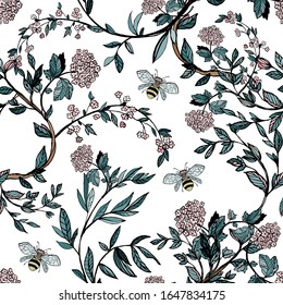 Ramas de árboles floridos ilustraciones vectoriales. Patrón inoxidable con abejas, ramitas, hojas y flores sobre un fondo blanco.