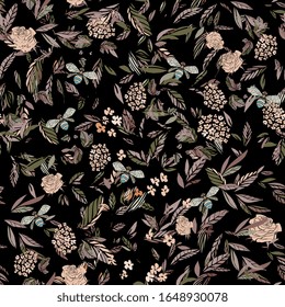 Branches of flowering trees vector illustration. Seamless pattern with bees, twigs, leaves and flowers on a black background.