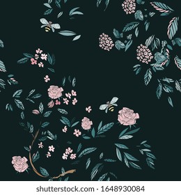 Branches of flowering trees vector illustration. Seamless pattern with bees, twigs, leaves and flowers on a dark blue background.
