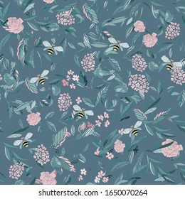 Branches of flowering trees vector illustration. Seamless pattern with bees, twigs, leaves and flowers on a blue background.