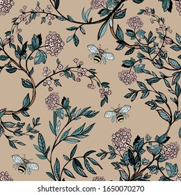 Branches of flowering trees vector illustration. Seamless pattern with bees, twigs, leaves and flowers on a cream background.
