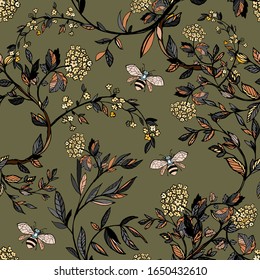 Branches of flowering trees vector illustration. Seamless pattern with bees, twigs, leaves and flowers on a sag background.