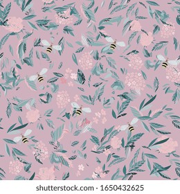 Branches of flowering trees vector illustration. Seamless pattern with bees, twigs, leaves and flowers on a pink lilac background.