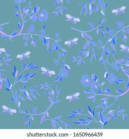 Branches of flowering trees vector illustration. Seamless pattern with bees, twigs, leaves and flowers on a blue background.