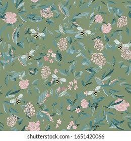 Branches of flowering trees vector illustration. Seamless pattern with bees, twigs, leaves and flowers on a green background.
