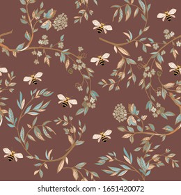 Ramas de árboles floridos ilustraciones vectoriales. Patrón inoxidable con abejas, ramitas, hojas y flores sobre un fondo marrón claro.