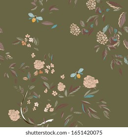 Branches of flowering trees vector illustration. Seamless pattern with bees, twigs, leaves and flowers on a sag green background.