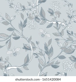 Branches of flowering trees vector illustration. Seamless pattern with bees, twigs, leaves and flowers on a white, grey background.