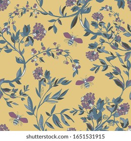 Branches of flowering trees vector illustration. Seamless pattern with bees, twigs, leaves and flowers on a ochre background.