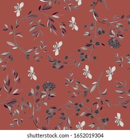 Branches of flowering trees vector illustration. Seamless pattern with bees, twigs, leaves and flowers on a light brown orange background.