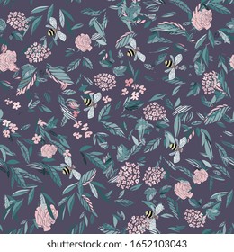 Branches of flowering trees vector illustration. Seamless pattern with bees, twigs, leaves and flowers on a lilac background.