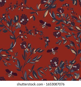 Ramas de árboles floridos ilustraciones vectoriales. Patrón inoxidable con abejas, ramitas, hojas y flores sobre un fondo rojo.