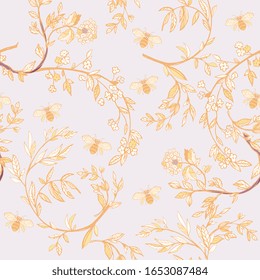 Branches of flowering trees vector illustration. Seamless pattern with bees, twigs, leaves and flowers on a lilac gold background.