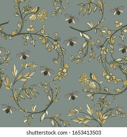 Branches of flowering trees vector illustration. Seamless pattern with bees, twigs, leaves and flowers on a grey yellow background.